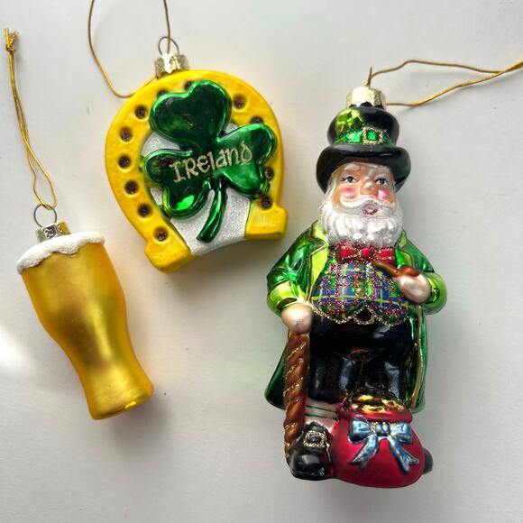 St. Patrick's Day Blown Glass Ornaments Beer Horseshoe Clover Leprechaun Ireland - Picture 1 of 10